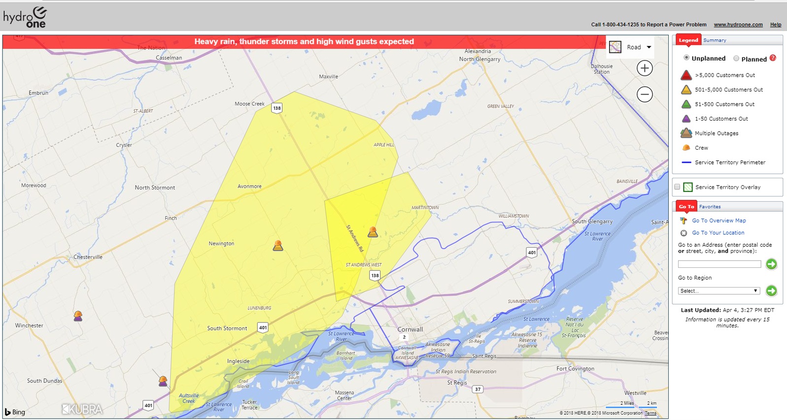 Large power outages in South Stormont and South Glengarry