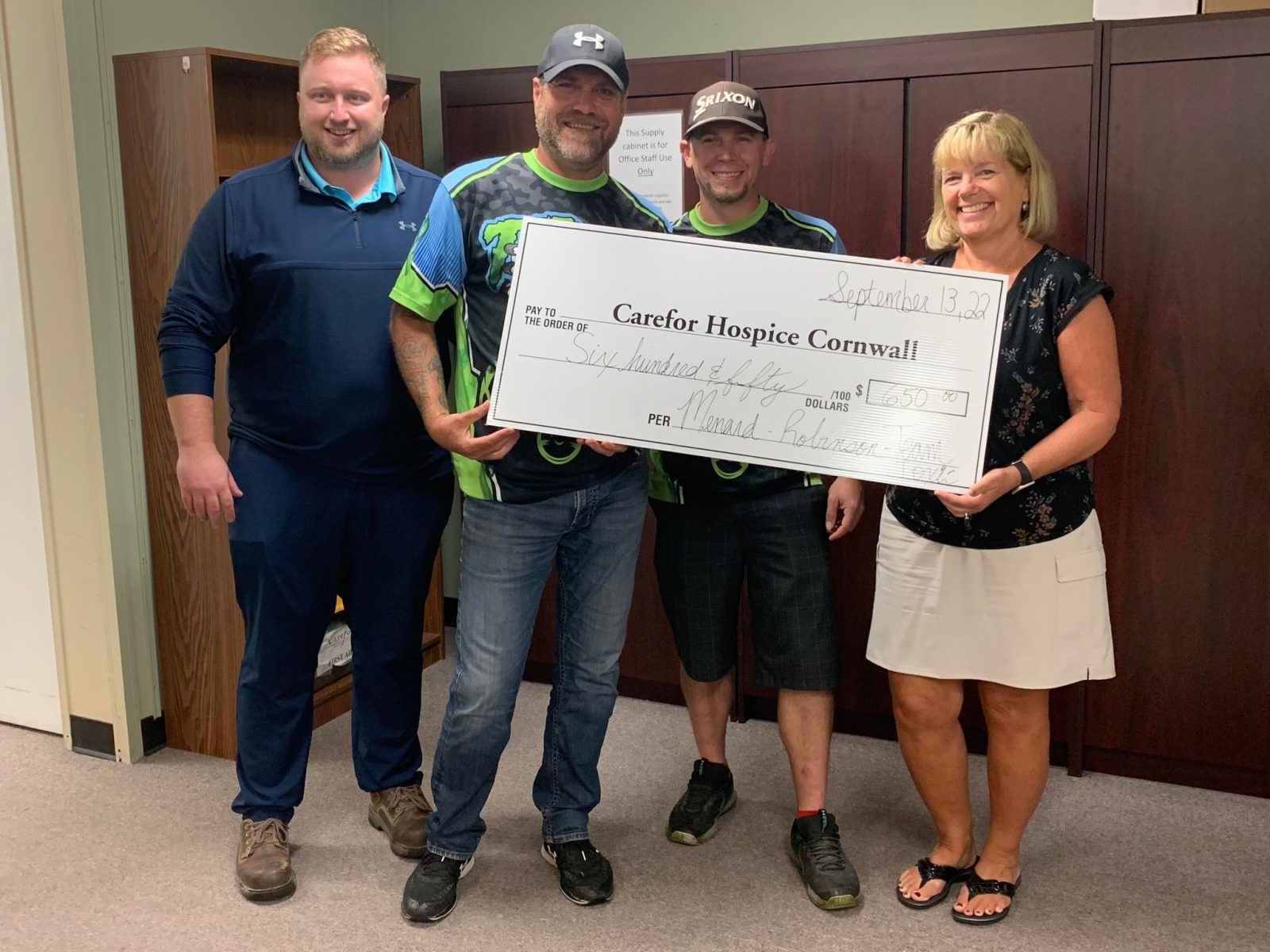 Menard and Robertson’s Charitable Softball League Presents Cheque to Carefor Hospice